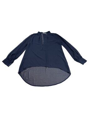 Ro & De Navy Sheer Striped High-Low Hook-Front Blouse XS (FF394)